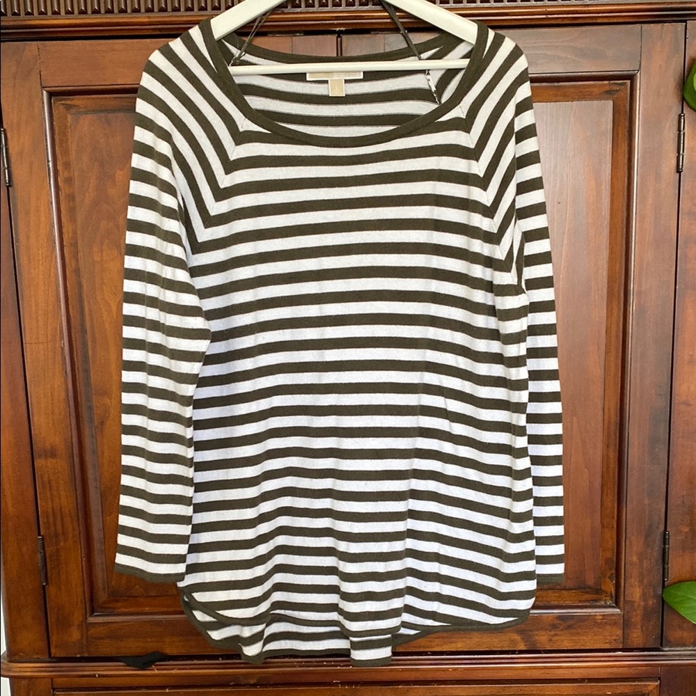 Michael Kors Breton Striped Olive White long tunic long sleeves Coastal Size L